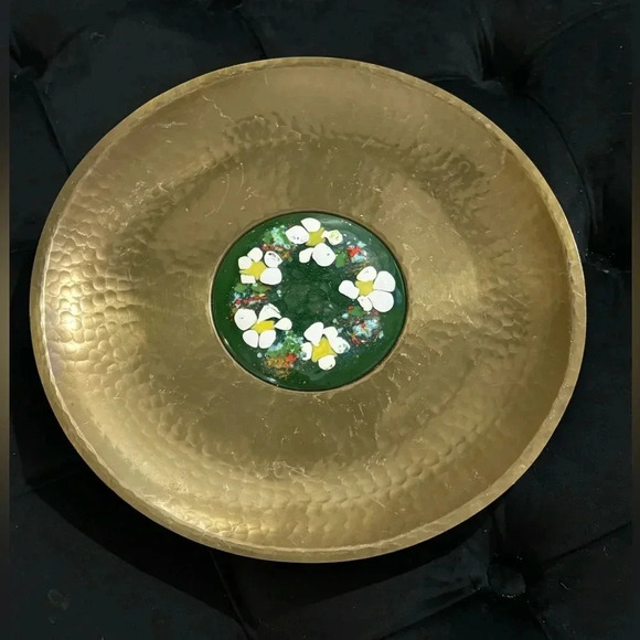 Vintage Other - Vintage Brass MCM Decorative Plate Wall Hanging Dish Handpainted Ceramic